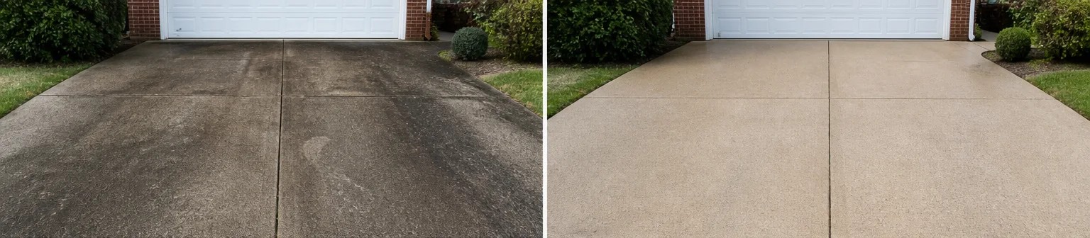 Three visual before-and-after examples of concrete cleaning, example 1