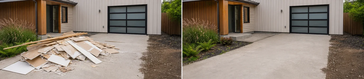 Three visual before-and-after examples of construction debris removal, example 1