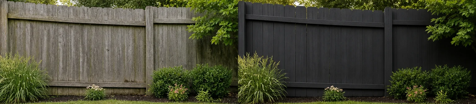 Three visual before-and-after examples of fence and deck painting, example 1