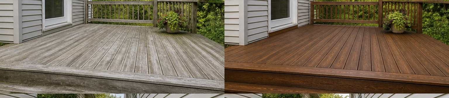 Three visual before-and-after examples of fence and deck painting, example 2