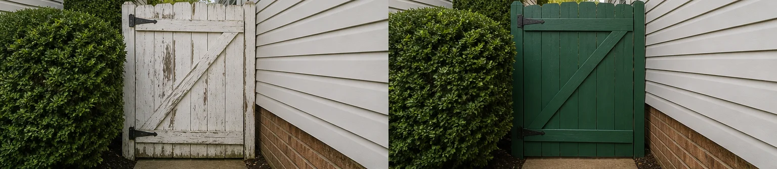 Three visual before-and-after examples of fence and deck painting, example 3