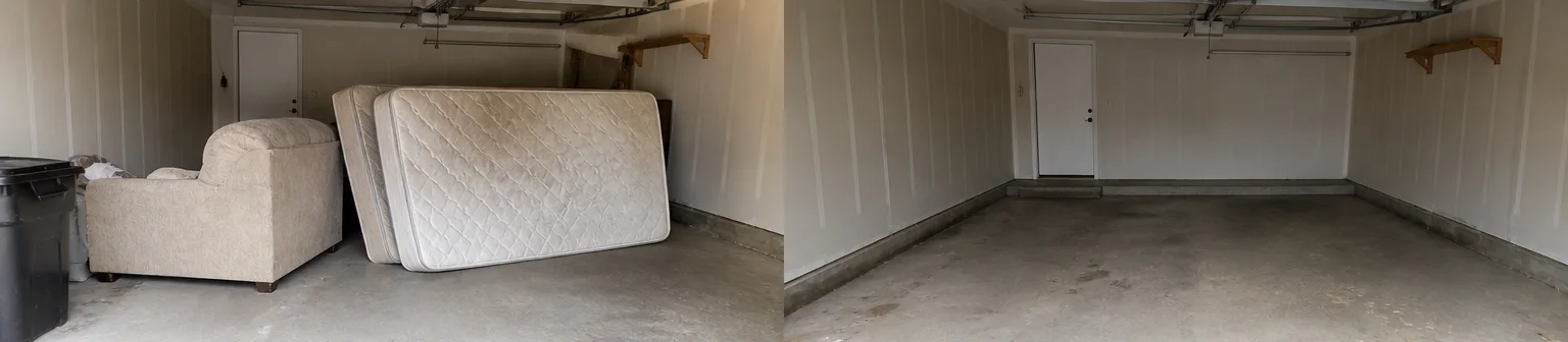 Three visual before-and-after examples of furniture removal, example 1