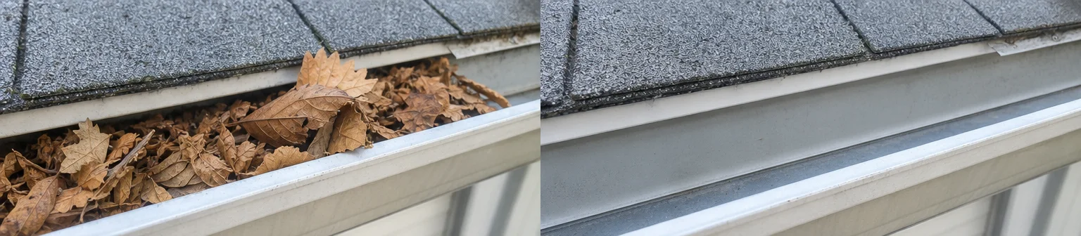 Three visual before-and-after examples of gutter cleaning, example 1