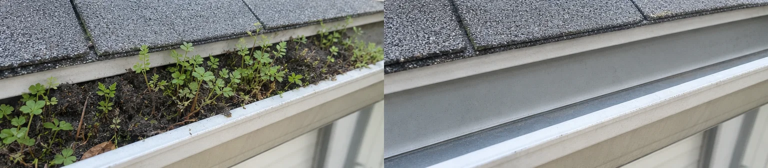 Three visual before-and-after examples of gutter cleaning, example 2