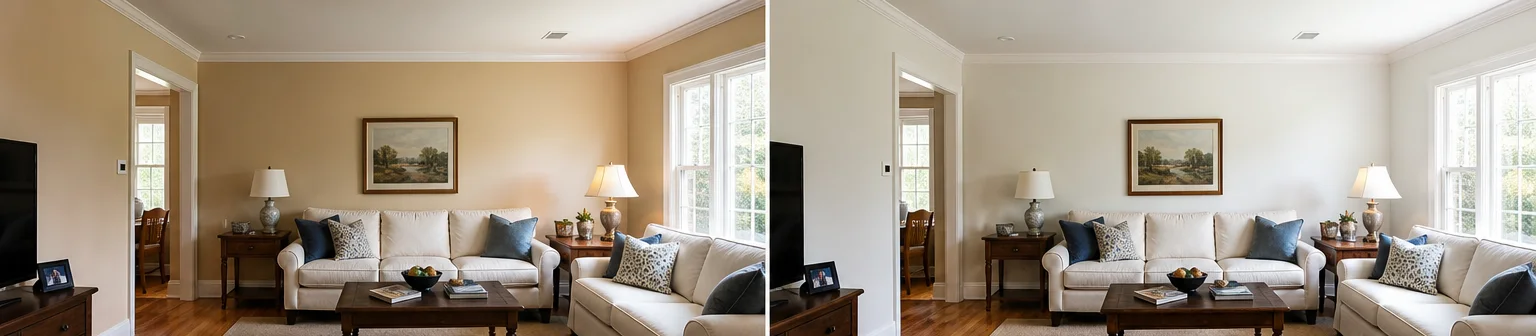 Three visual before-and-after examples of interior painting, example 1