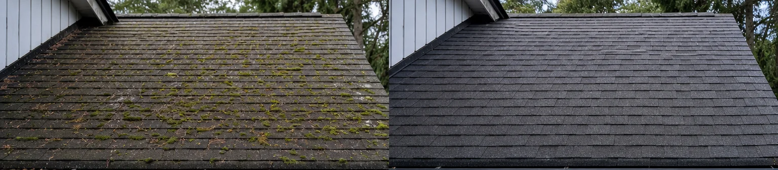 Three visual before-and-after examples of roof cleaning, example 1