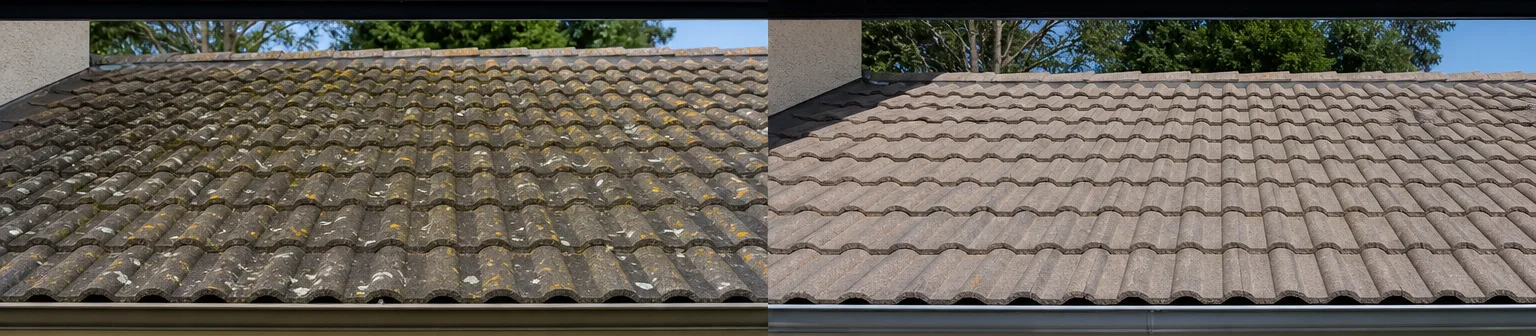Three visual before-and-after examples of roof cleaning, example 2