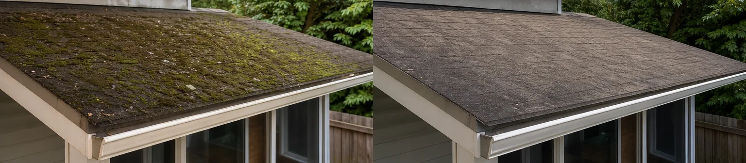 Three visual before-and-after examples of roof cleaning, example 3
