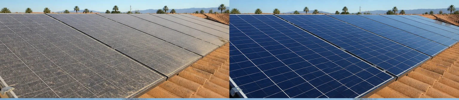 Three visual before-and-after examples of solar panel cleaning, example 1