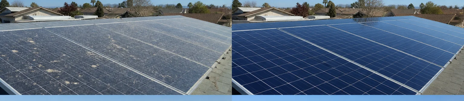 Three visual before-and-after examples of solar panel cleaning, example 2