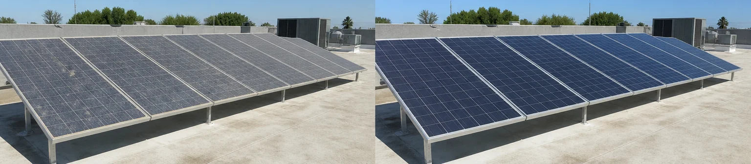 Three visual before-and-after examples of solar panel cleaning, example 3