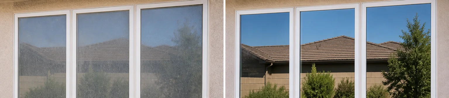 Three visual before-and-after examples of window cleaning, example 1