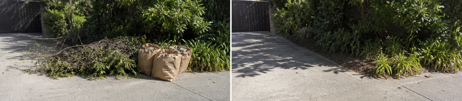 Three visual before-and-after examples of yard waste removal, example 1
