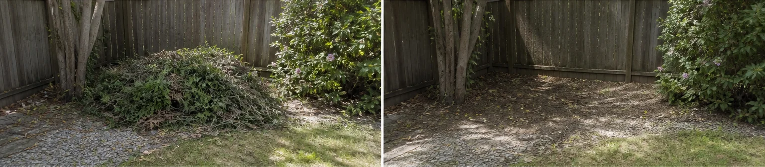 Three visual before-and-after examples of yard waste removal, example 2